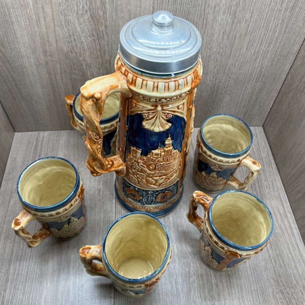 Vtg Ceramic Beer Stein Set w/Lidded Pitcher & 5 Mugs Made in Japan Blue Tan - Picture 2 of 16